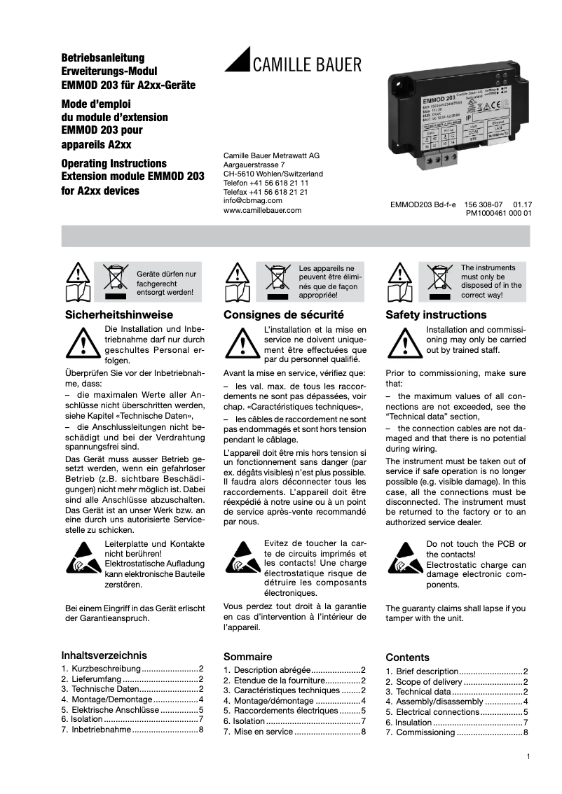 Page n°1 - Manuel utilisateur Camille Bauer EMMOD203