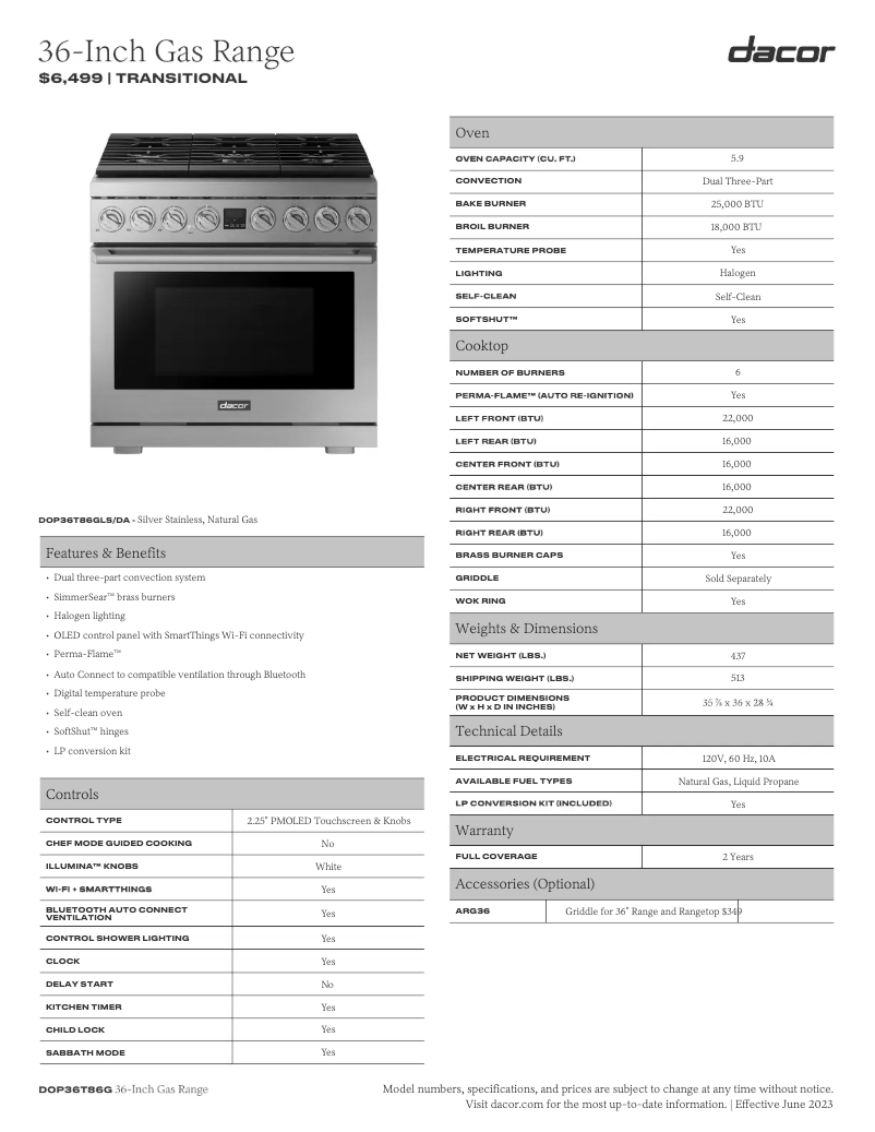 Page n°1 - Fiche technique Dacor DOP36T86GLS