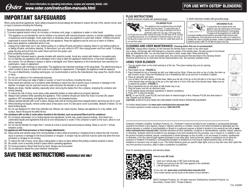 Page 1 de la notice Manuel utilisateur Oster Classic BLSTMEG-G00-000