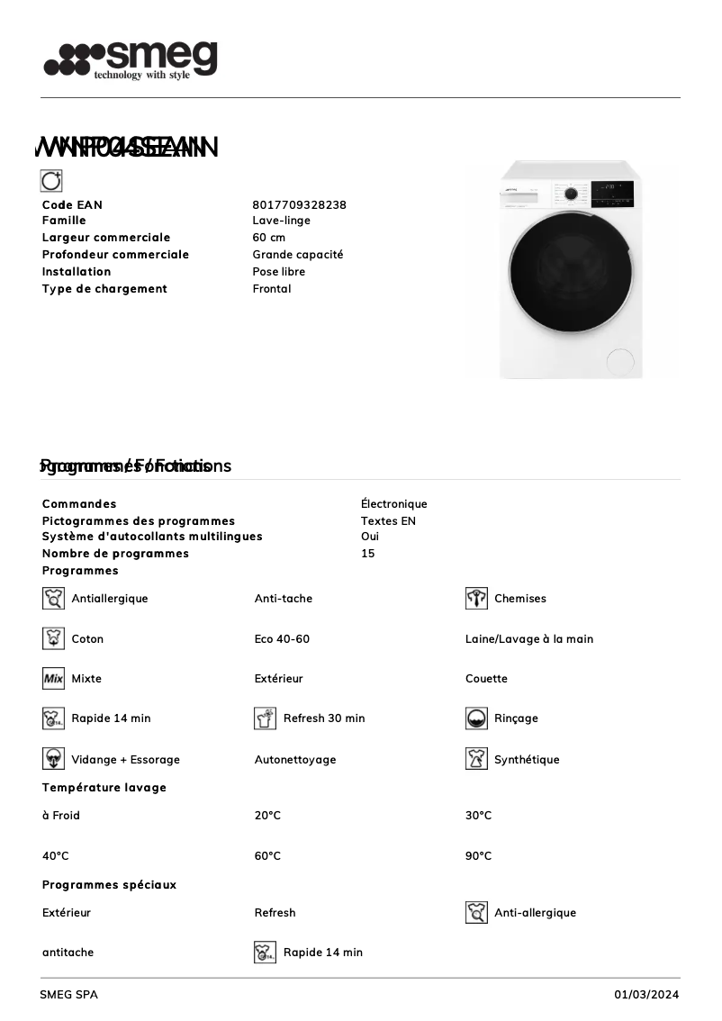 Image de la première page du manuel de l'appareil WNP04SEAIN