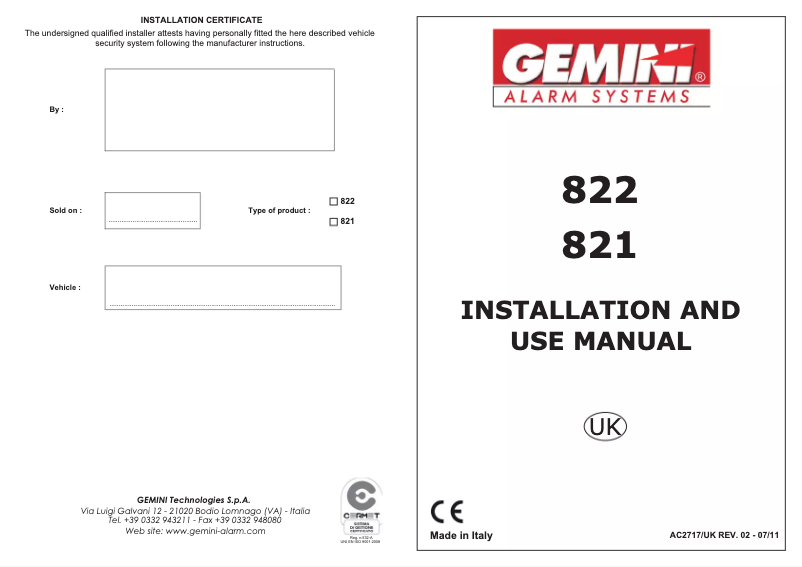 Page 1 de la notice Manuel utilisateur Gemini 822
