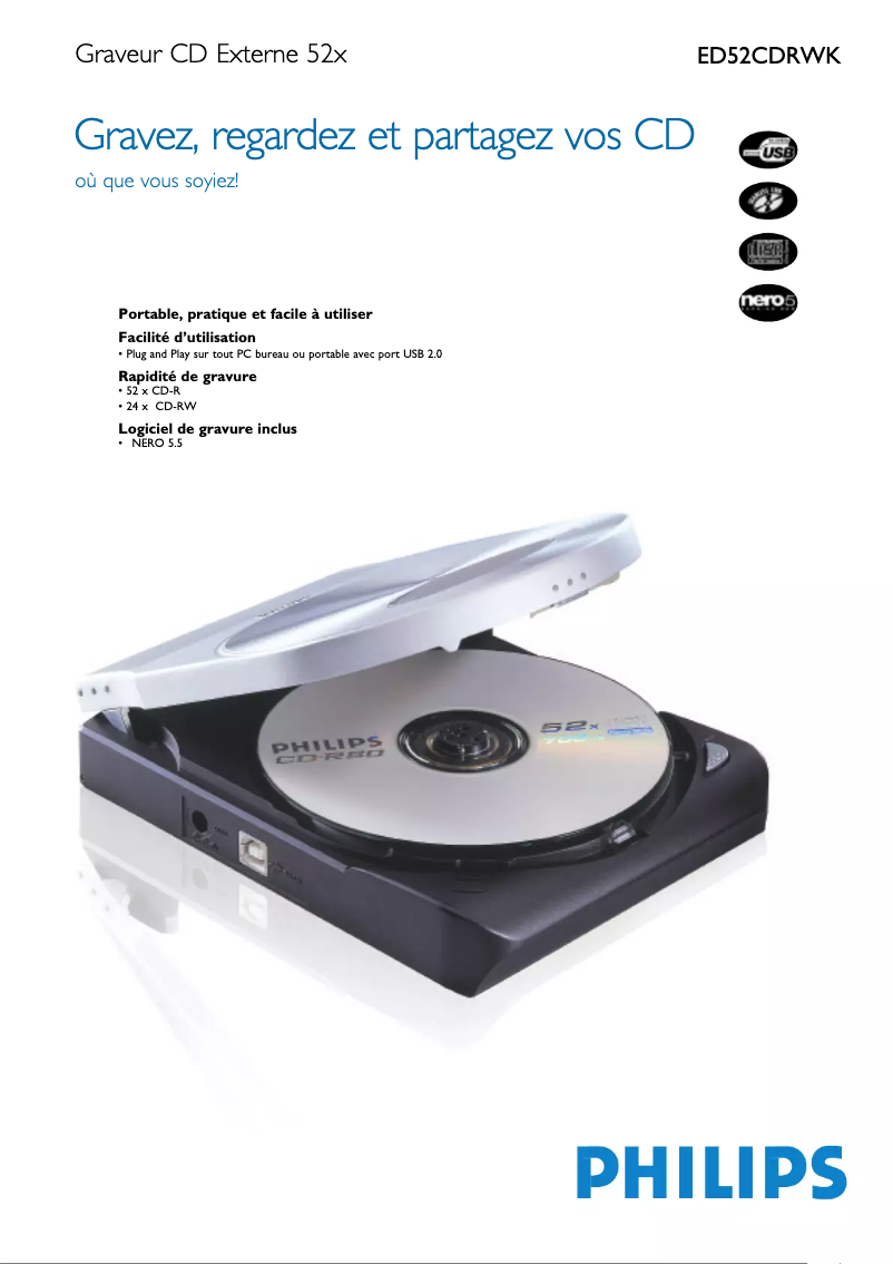 Page n°1 - Fiche technique Philips ED52CDRWK
