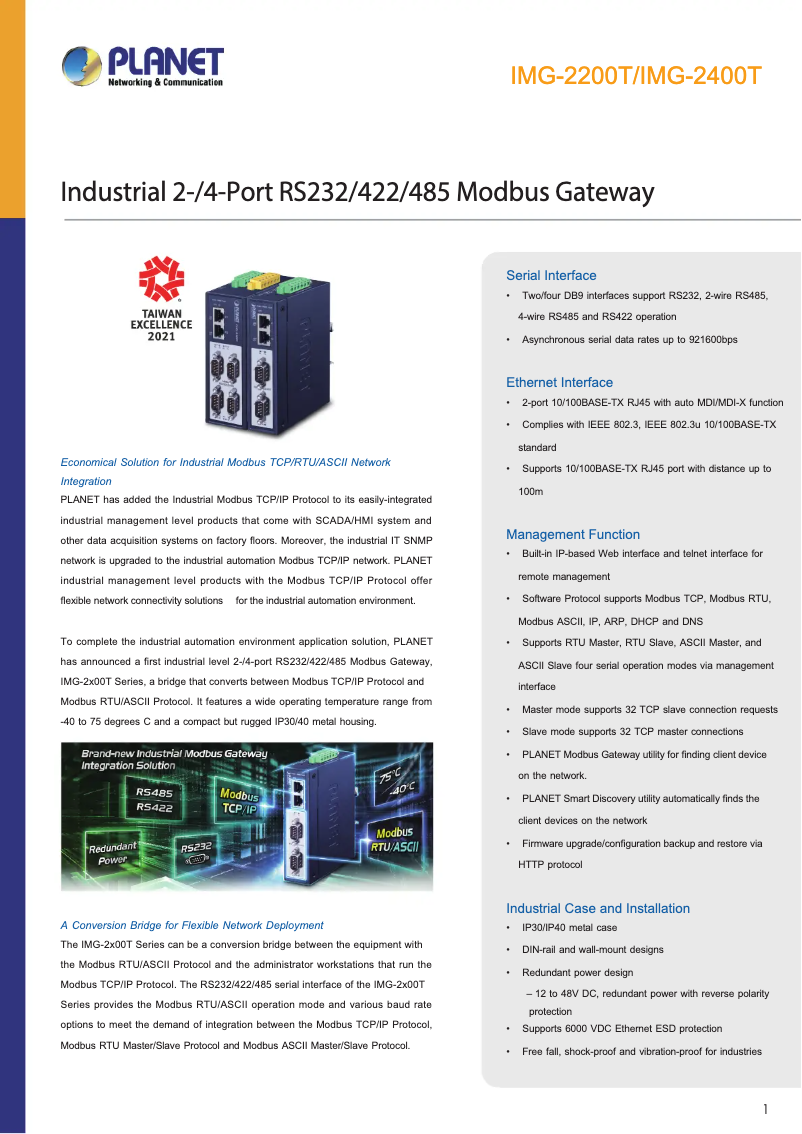 Page 1 de la notice Fiche technique Planet IMG-2200T