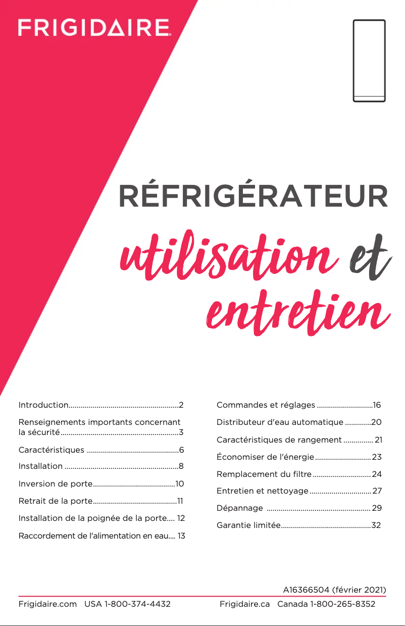 Page 1 de la notice Manuel utilisateur Frigidaire FPRU19F8RF