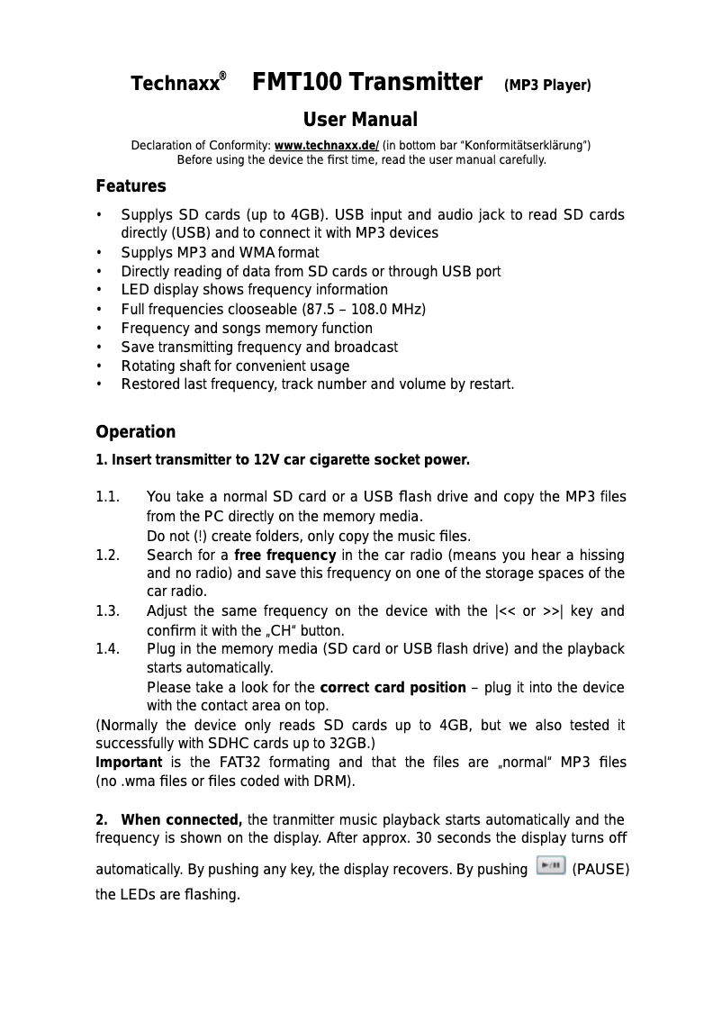 Page 1 de la notice Manuel utilisateur Technaxx FMT100