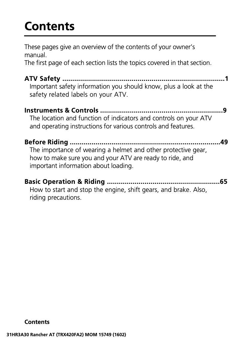 Imagen de la primera página del manual del dispositivo FourTrax Rancher TRX420 (2017)