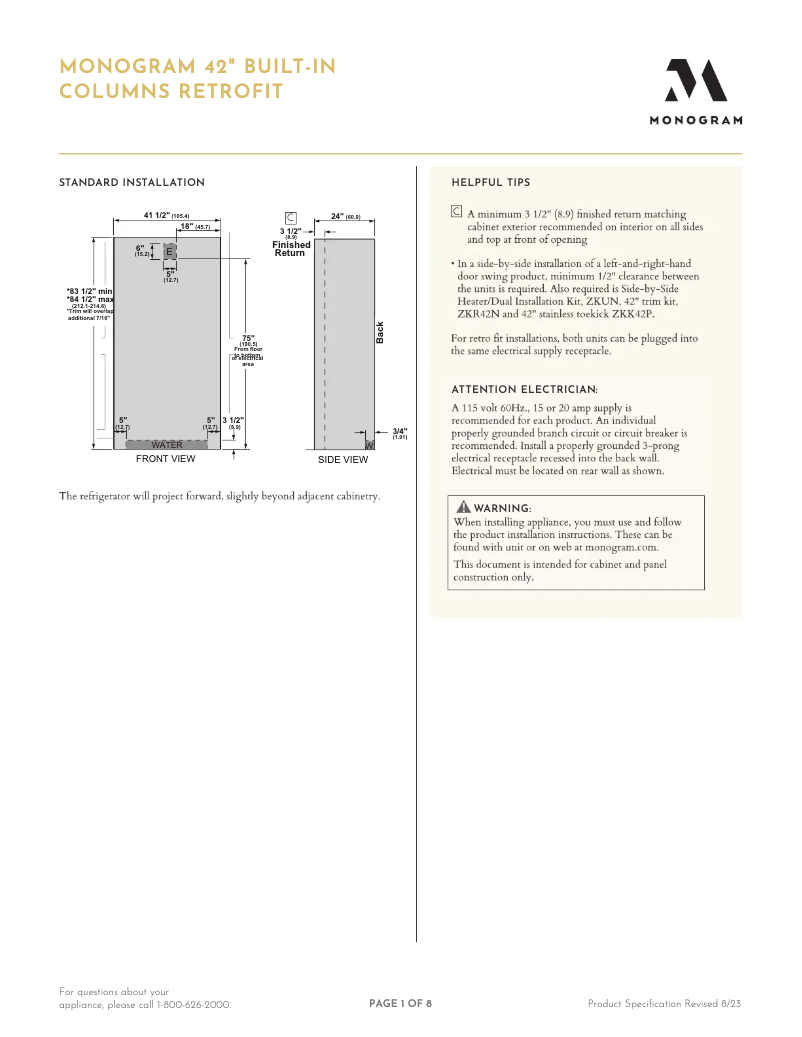 Page 1 de la notice Fiche technique Monogram ZIF241NPNII