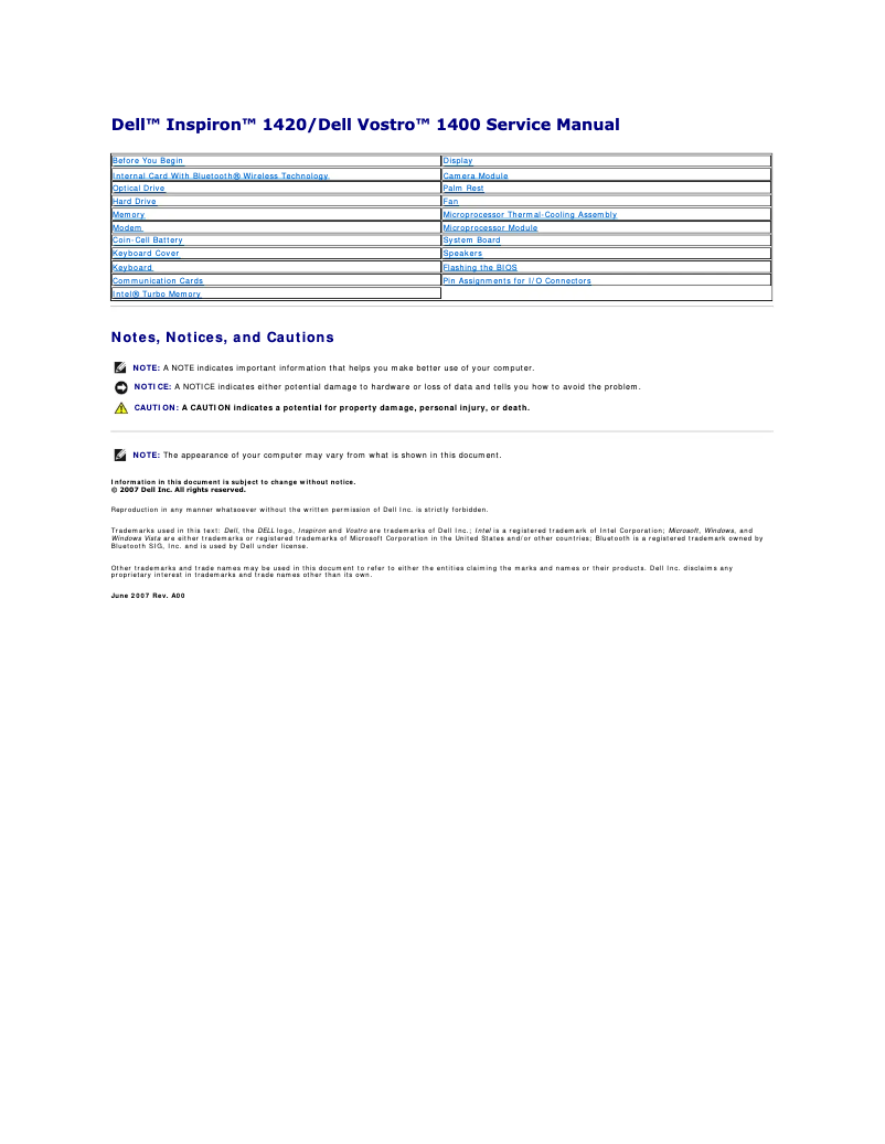 Image de la première page du manuel de l'appareil Inspiron 1420