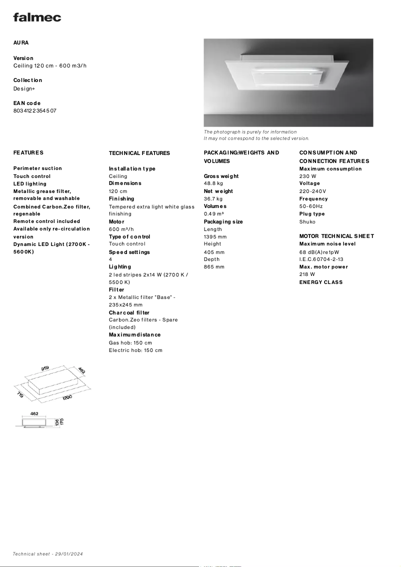 Page 1 de la notice Fiche technique Falmec Aura