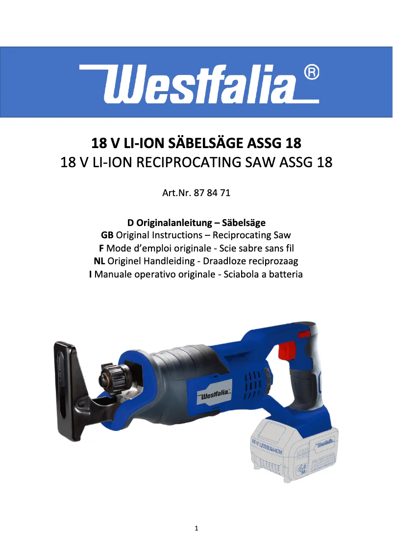 Page 1 de la notice Manuel utilisateur Westfalia ASSG 18