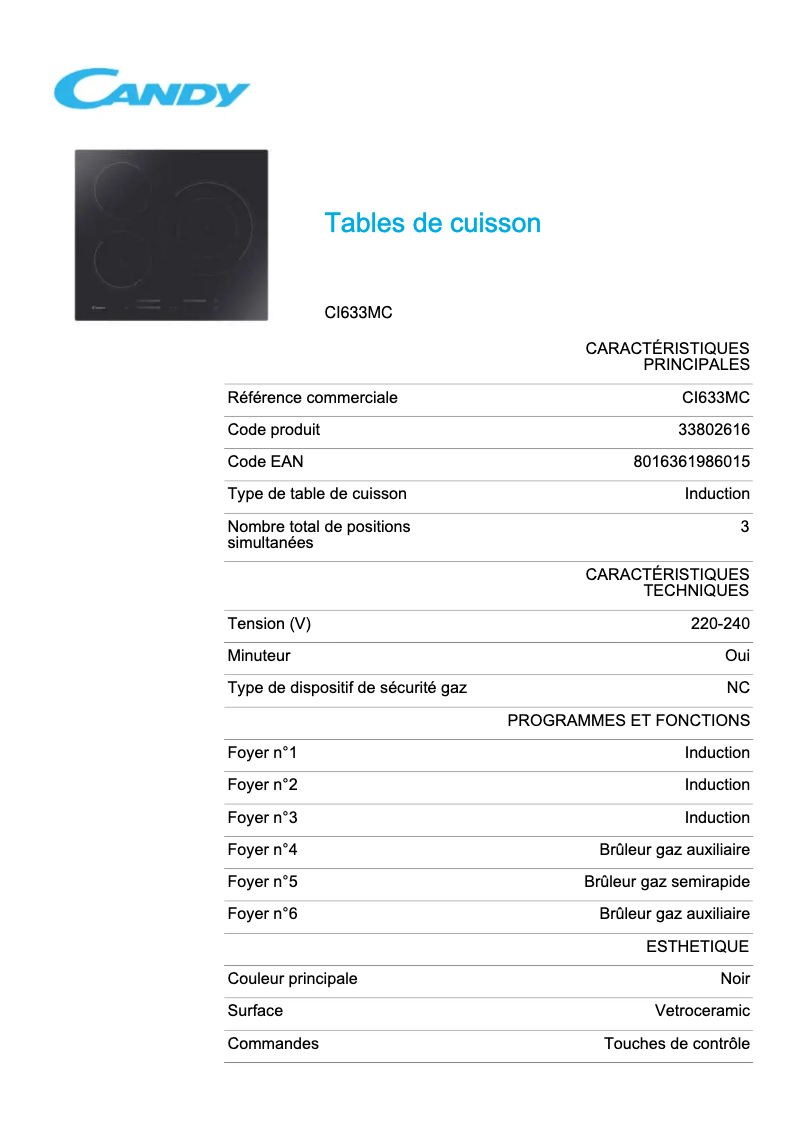 Page n°1 - Manuel utilisateur Candy CI633MC