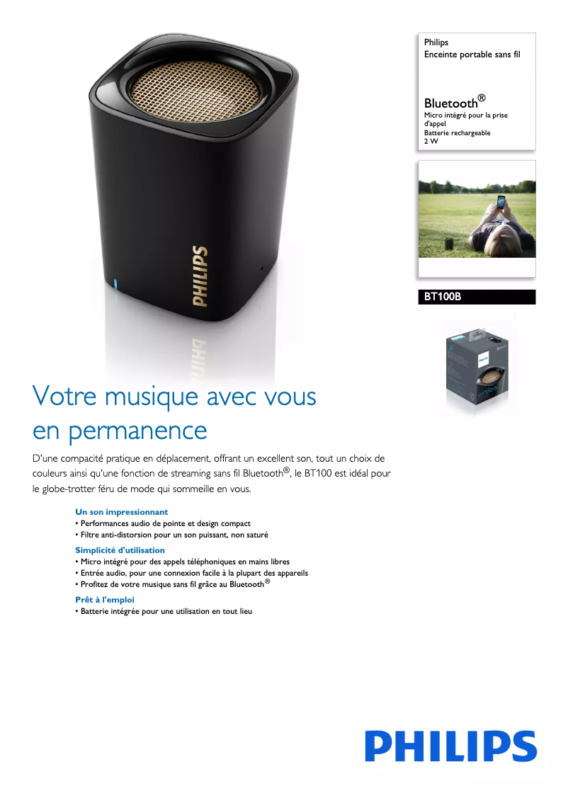 Page 1 de la notice Fiche technique Philips BT100B