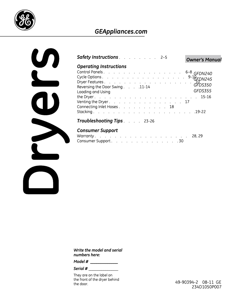 Page 1 de la notice Manuel d'utilisation et d'entretien GE GFDS350GLWW