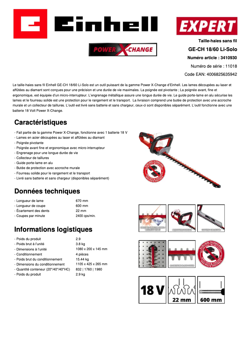 Page n°1 - Fiche technique Einhell GE-CH 18/60 Li