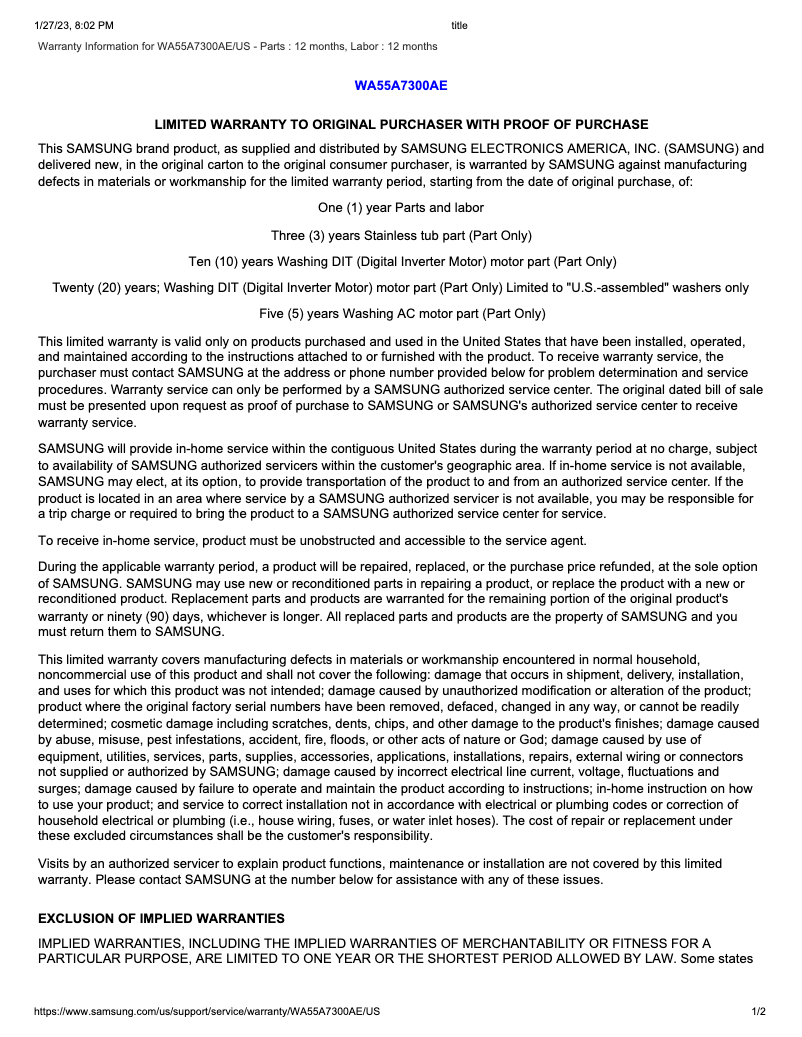 Página 1 del manual Información de garantía Samsung WA55A7300AE