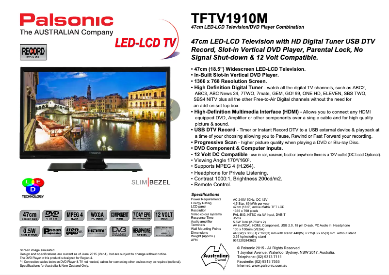 Page n°1 - Manuel utilisateur Palsonic TFTV1910M