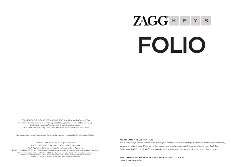 Page 1 de la notice Manuel utilisateur Zagg BZKFHFWHLIT105