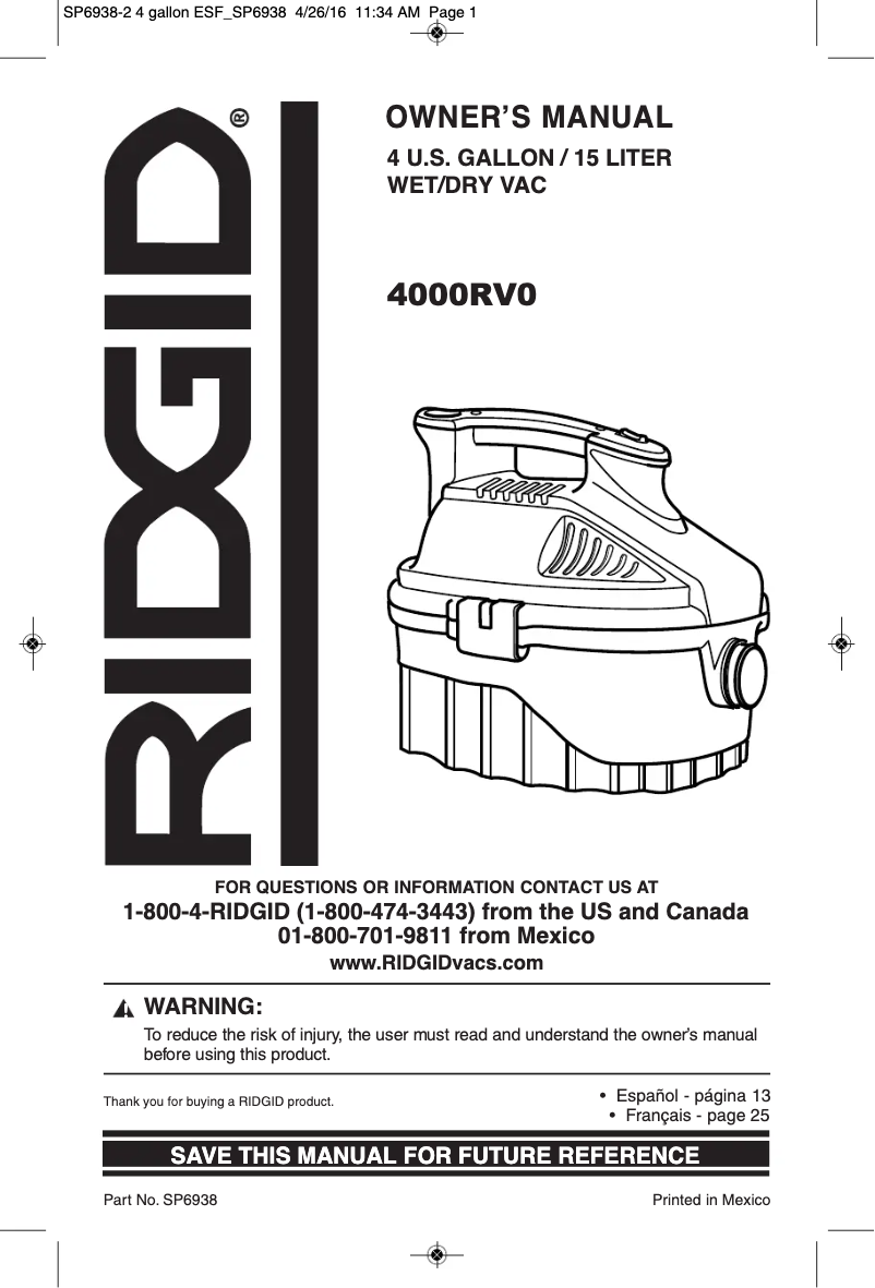Page n°1 - Manuel utilisateur Ridgid 4000RV