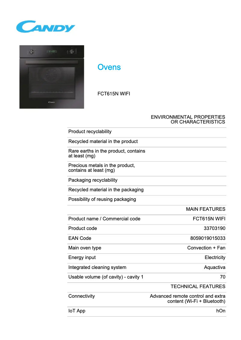 Page n°1 - Fiche technique Candy FCT615N WIFI