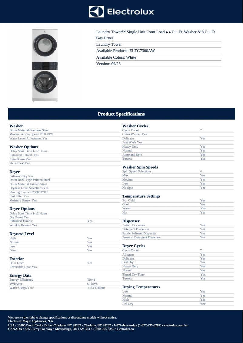 Page 1 de la notice Fiche technique Electrolux ELTG7300AW