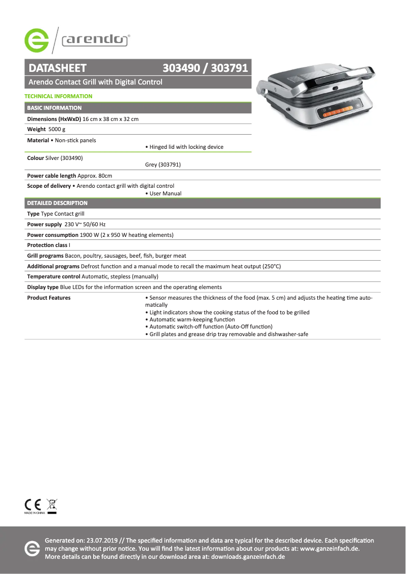 Page 1 de la notice Fiche technique Arendo 303491