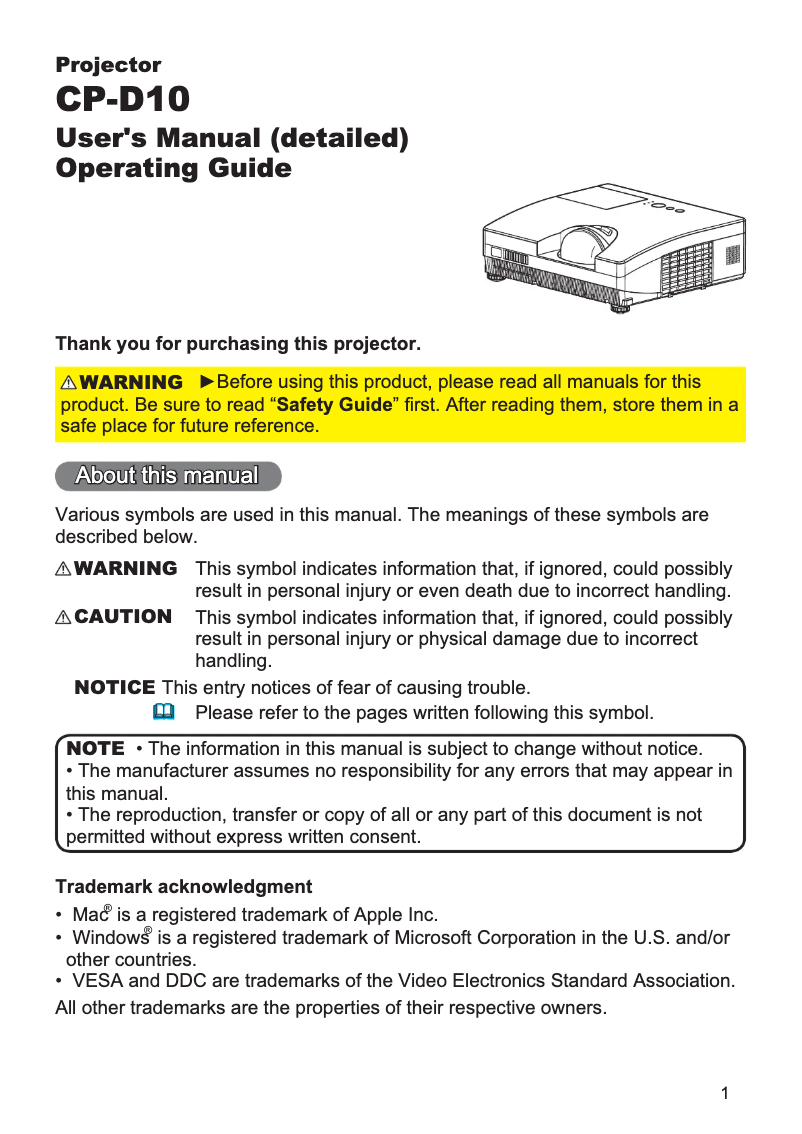Page 1 de la notice Brochure Hitachi CP-D10