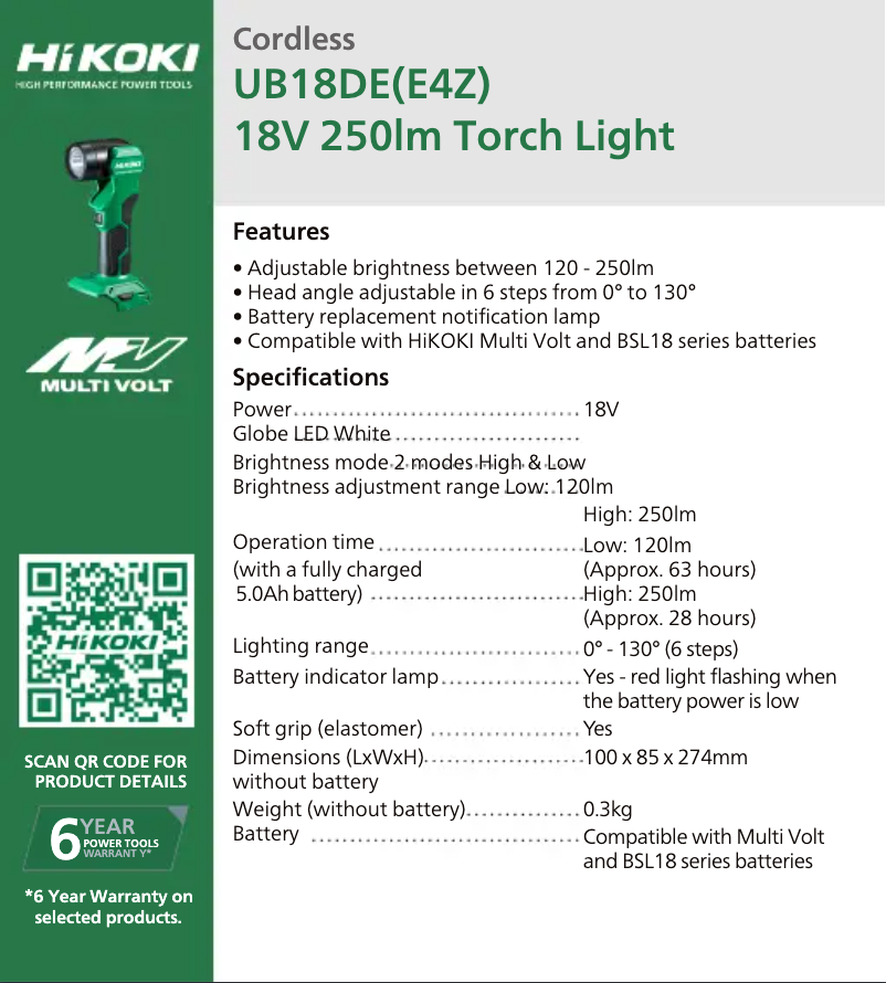 Page 1 of the manual Technical Sheet HiKOKI UB18DE