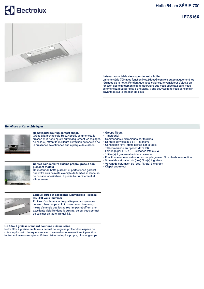 Page 1 de la notice Fiche technique Electrolux LFG516X
