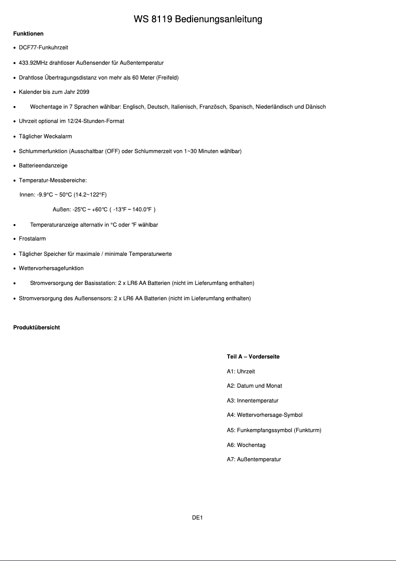 Page n°1 - Manuel utilisateur Techno Line WS 8119