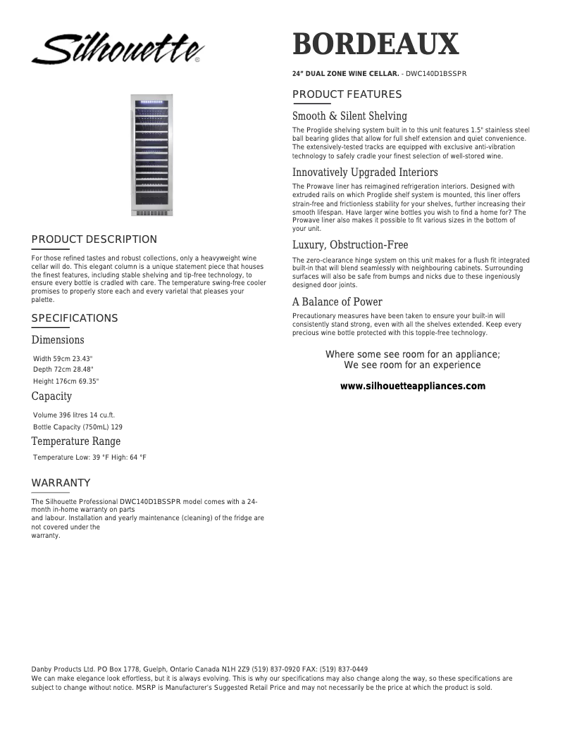 Page 1 de la notice Fiche technique Danby DWC140D1BSSPR