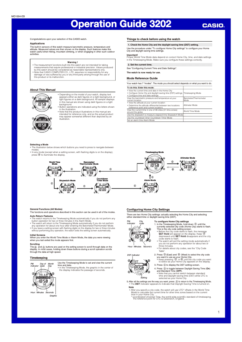 Page 1 de la notice Manuel utilisateur Casio Twin Sensor SGW300H-1AV