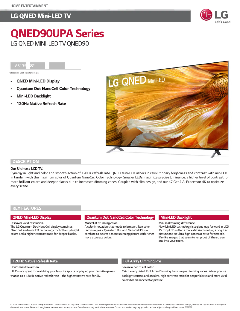 Página 1 del manual Ficha técnica LG 86QNED90UPA