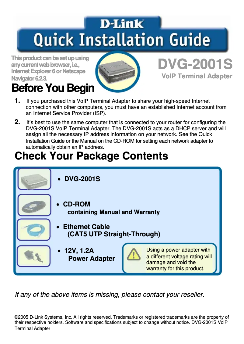 Page 1 de la notice Guide de démarrage rapide D-Link DVG-2001S