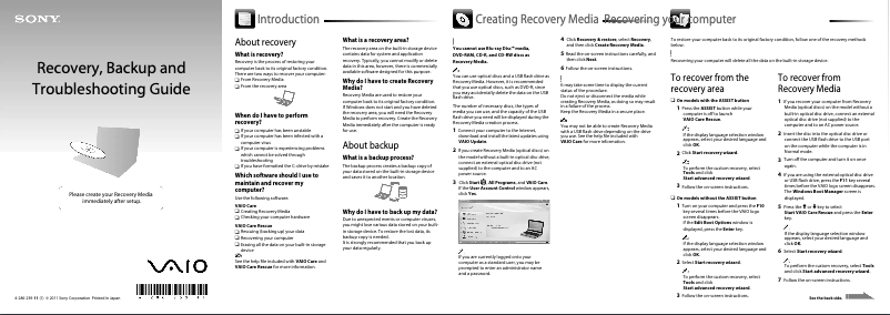 Image de la première page du manuel de l'appareil Vaio VPCEH16EA