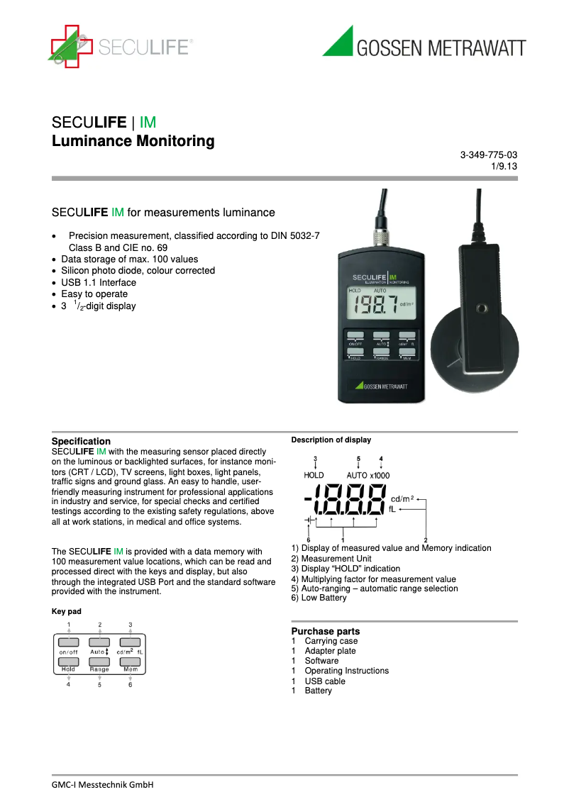 Page 1 de la notice Fiche technique Gossen Metrawatt SecuLife IM