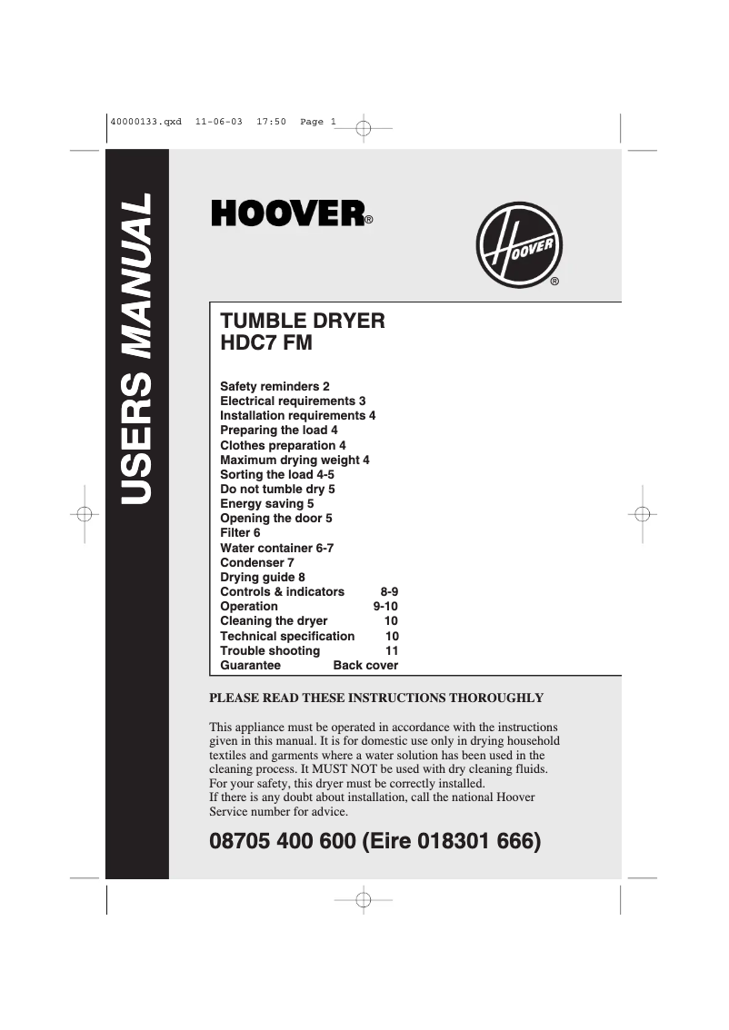 Page n°1 - Manuel utilisateur Hoover HDC 7FM