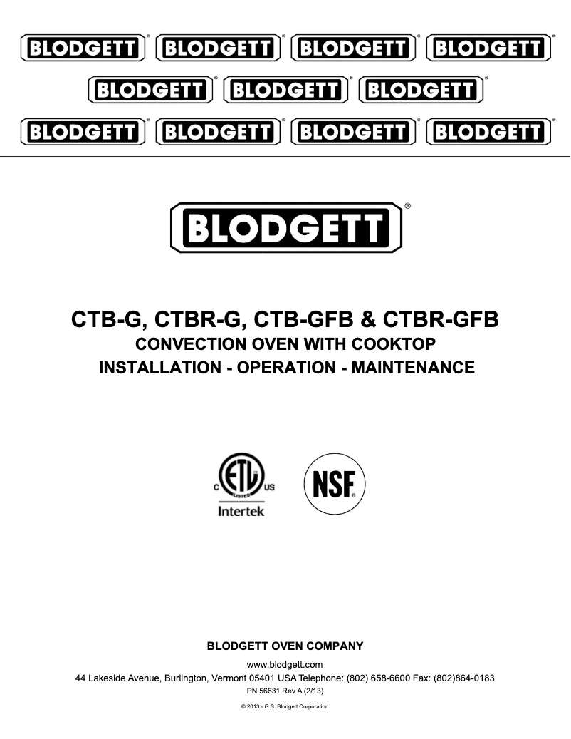 Page 1 de la notice Manuel utilisateur Blodgett CTB-GFB