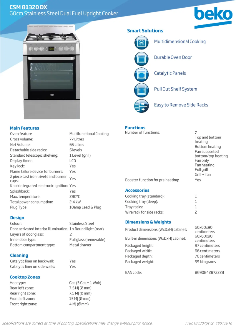 Page 1 de la notice Fiche technique Beko CSM81320DX