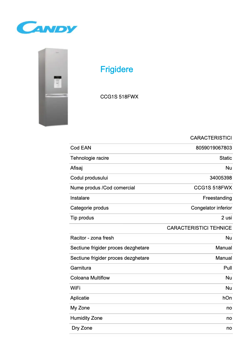Page n°1 - Fiche technique Candy CCG1S 518FWX