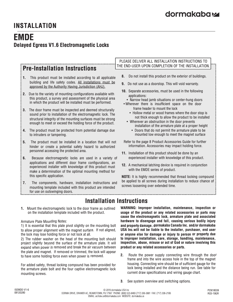 Page 1 de la notice Manuel utilisateur Dormakaba EMDE