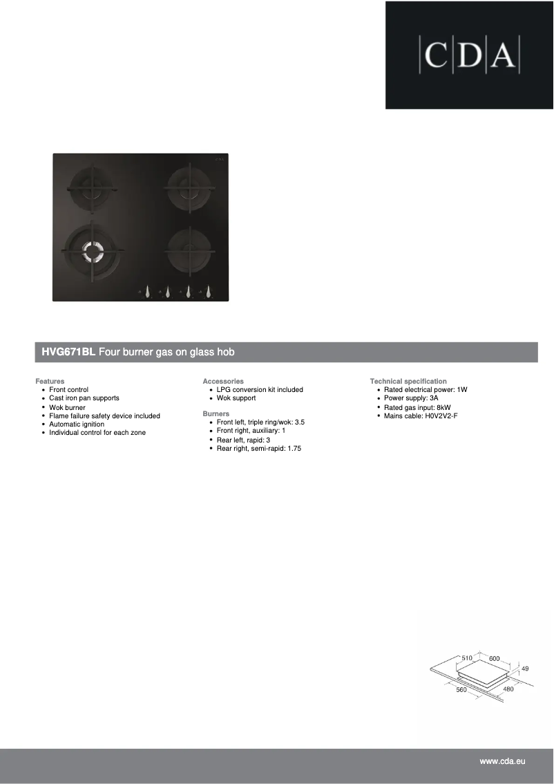 Page 1 de la notice Fiche technique CDA HVG671BL