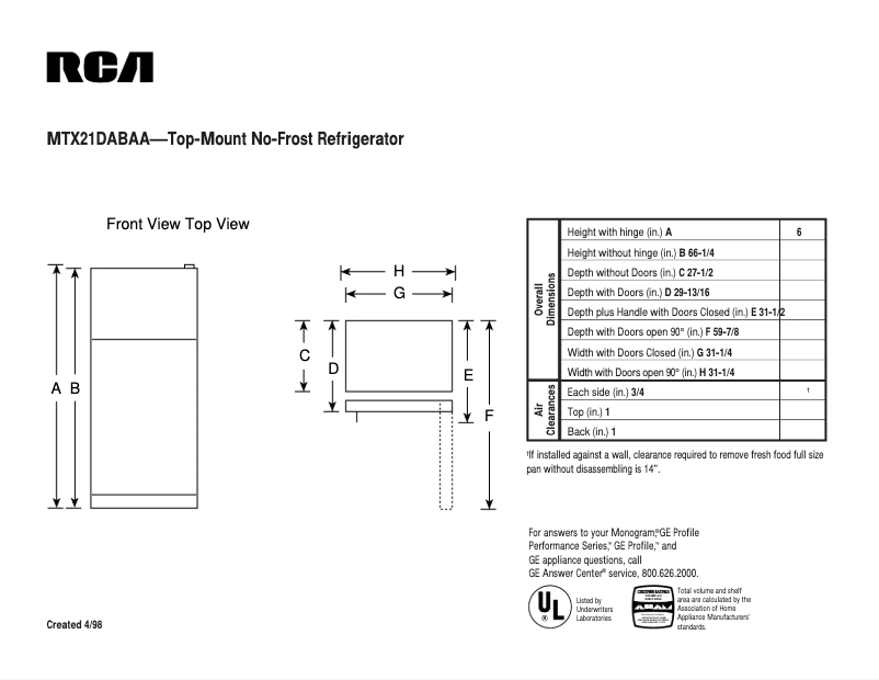Page 1 de la notice Fiche technique RCA MTX21DABAA