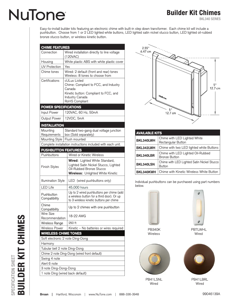 Page 1 de la notice Fiche technique NuTone BKL342LWH