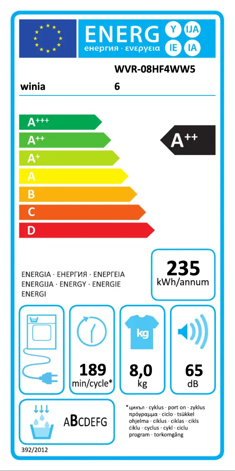 Page n°1 - Label énergétique Winia WVR-08HF4WW56
