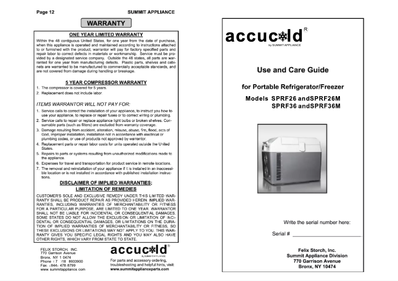 Página 1 del manual Manual de usuario Accucold SPRF26M