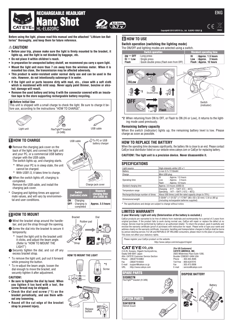 Page 1 de la notice Manuel utilisateur Cateye Nano Shot