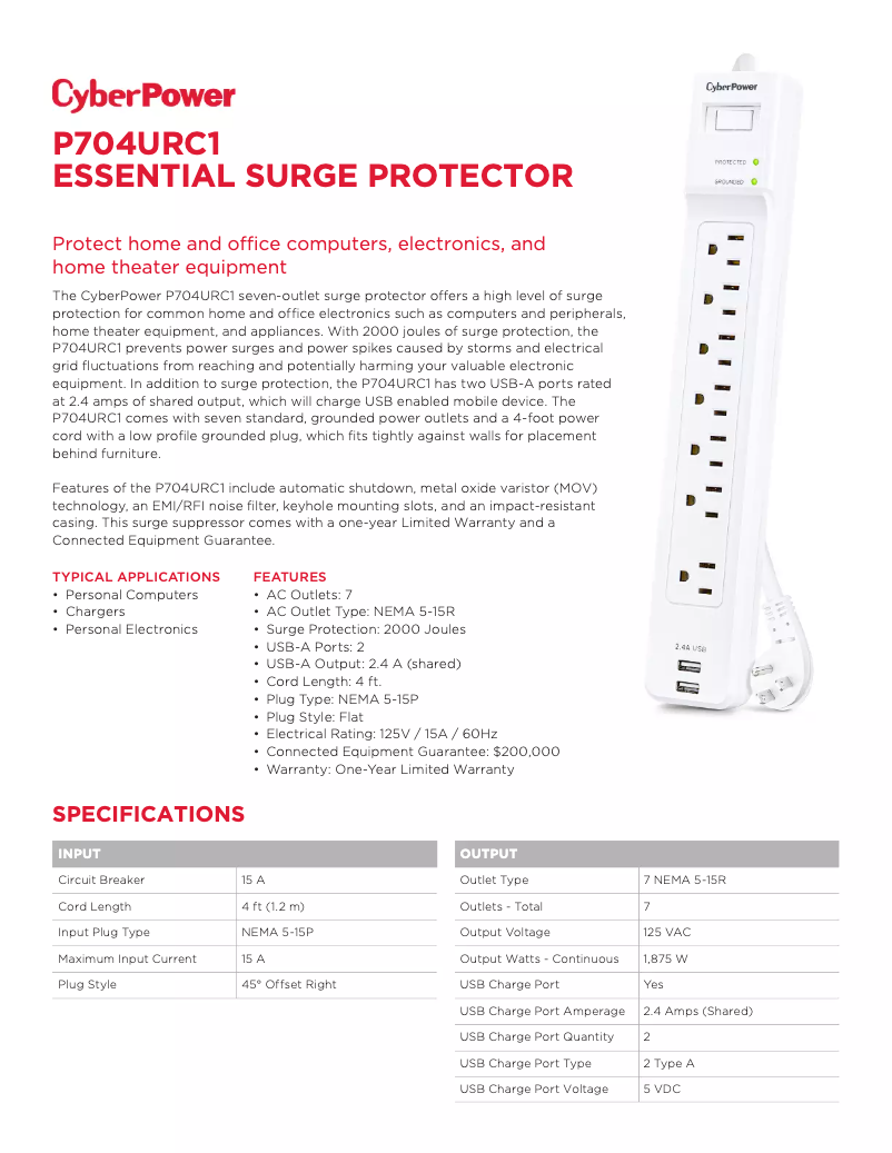 Página 1 del manual Ficha técnica CyberPower P704URC1