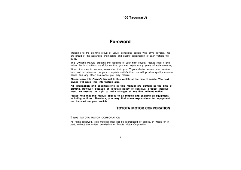Page 1 de la notice Manuel utilisateur Toyota Tacoma (2000)