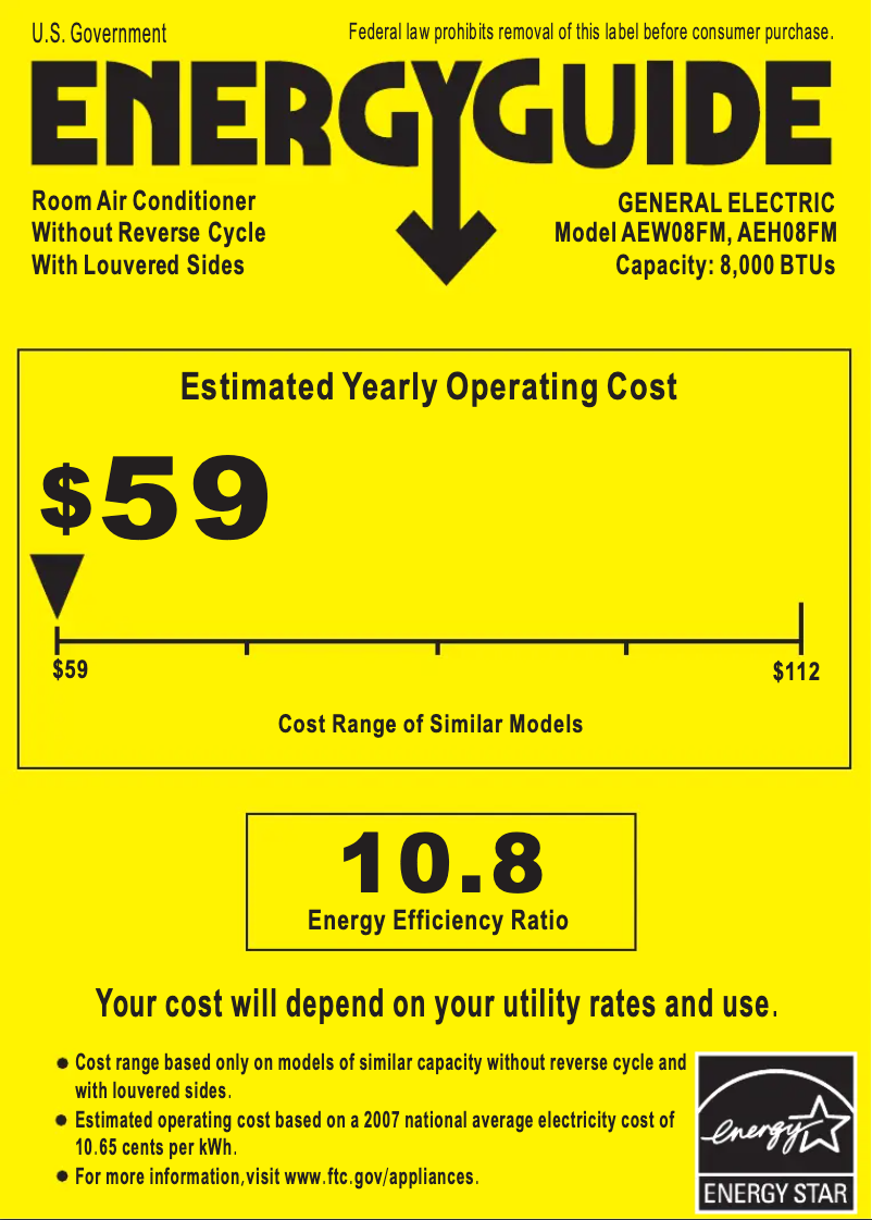 Page 1 de la notice Label énergétique GE AEH08FM