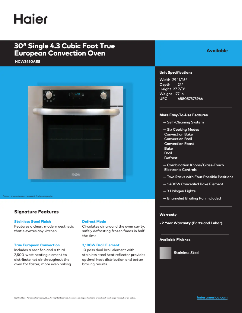 Page 1 de la notice Fiche technique Haier HCW3460AES